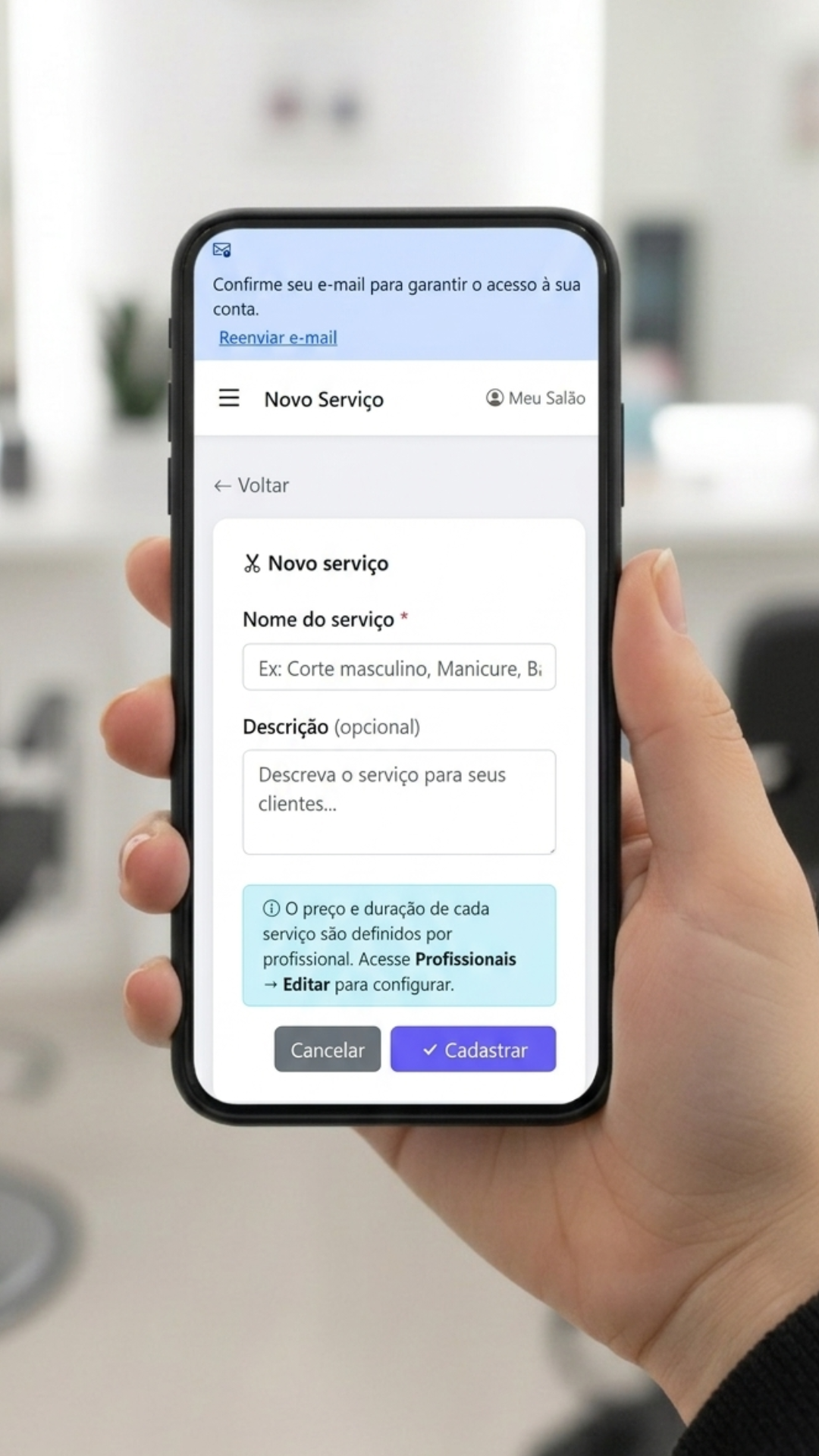 Configuração de serviços e horários no Agenda Barber